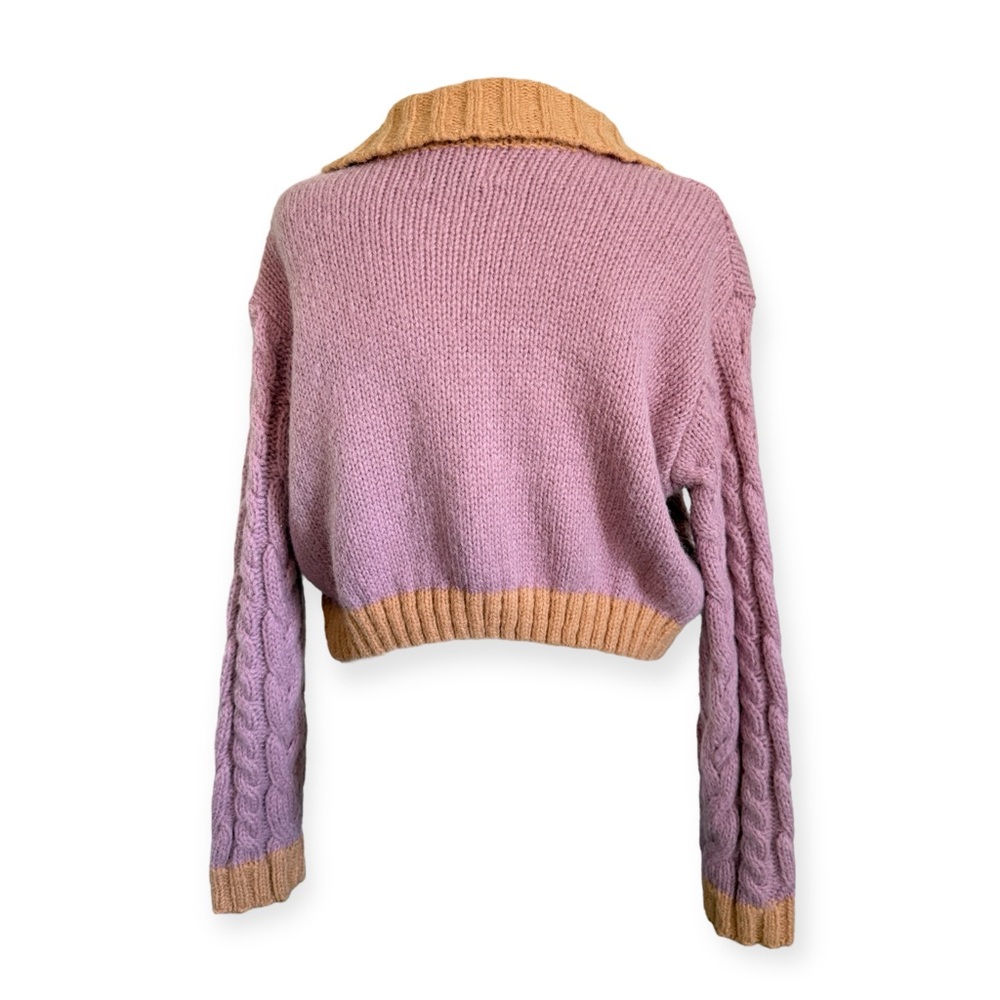 Lush Pink Orange Contrast Trim Cable Knit Cropped Cardigan Small Fairy Indie Fun - Picture 3 of 6